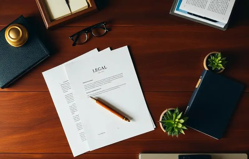 Top-down view of a legal document on a dark wood desk with a wooden pen, eyeglasses, notebooks, and small succulent plants.