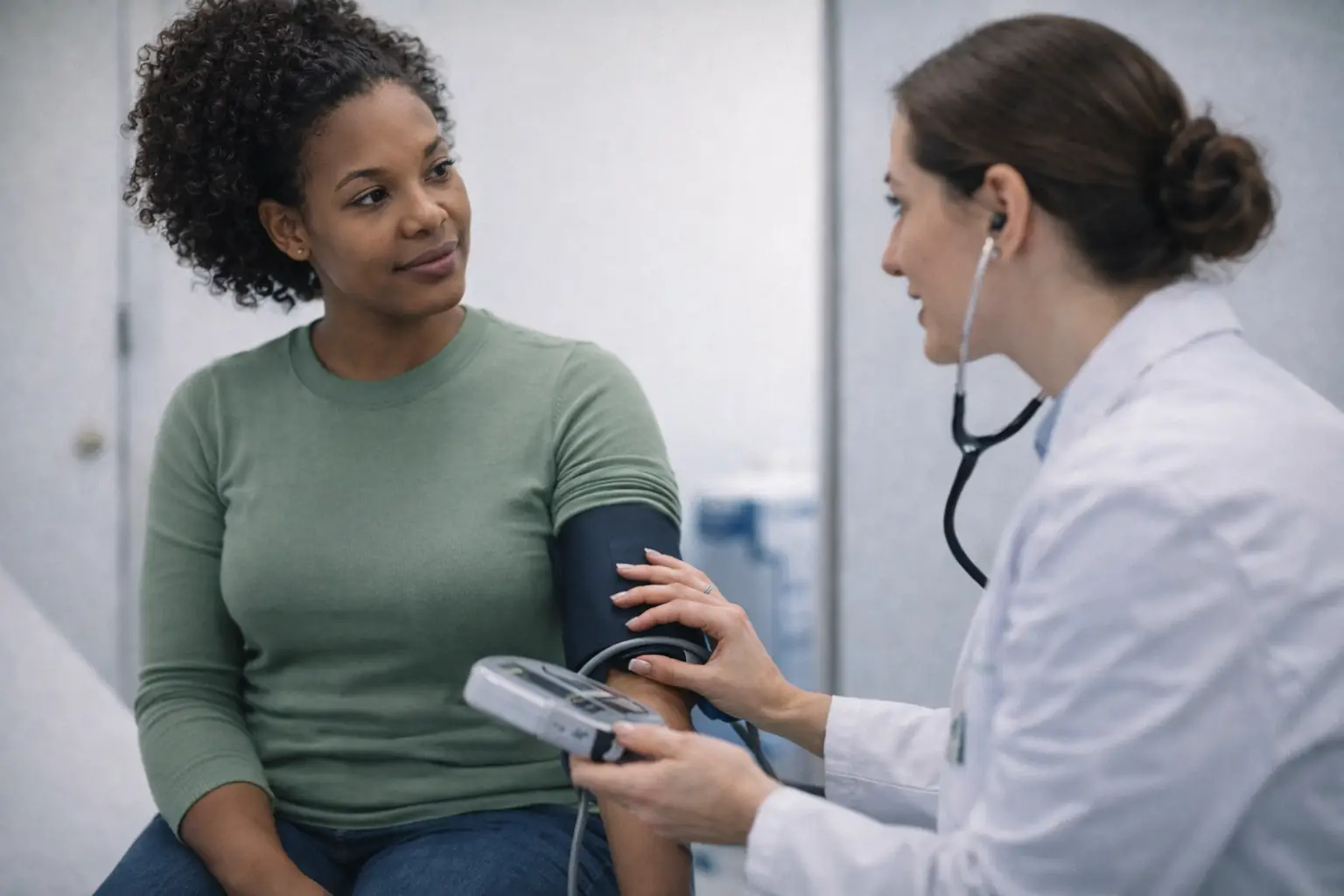 A female doctor in a white lab coat taking a patient's blood pressure using a digital monitor and stethoscope during a routine checkup.